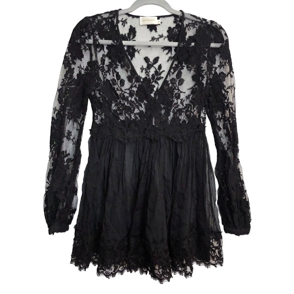 Zimmermann Black Silk Floral Lace Sheer Longsleeve Blouse Top 0